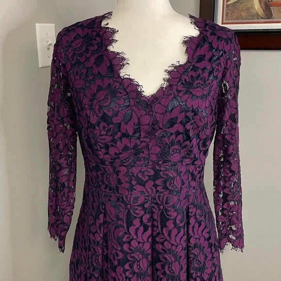 Eliza J Deep Purple Lace Long Sleeve Dress Mother of the Bride cocktail formal - Picture 2 of 6